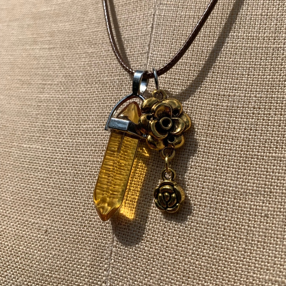 Handmade Honey Amber Resin Crystal Amulet Necklace & Flower Charm - Picture 5 of 8